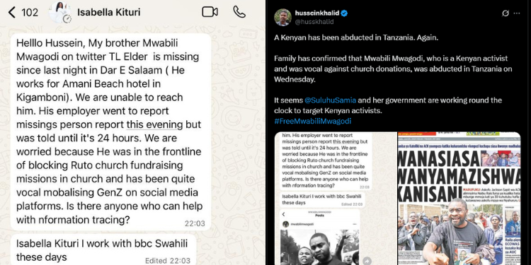 A Photo Collage Of Vocal Africa Ceo Hussein Khalid Tweet And Message He Received From Isabella Kituri. Photo/Khalid X.  Mwagodi
