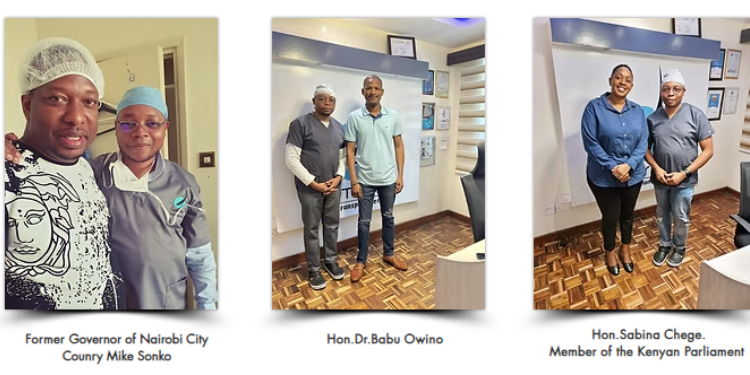 Jared Babu, Owner Of Hair Clinic That Has Treated Waitutu, Sonko And Babu Owino Former Nairobi Mike Sonko, Embakasi East Mp Babu Owino, And Former Murang’a Woman Representative Sabina Chege Pose For A Photo With Artistic Hair Transplant Center Owner Jared Babu. Photo/Artistic Hair Transplant Center.