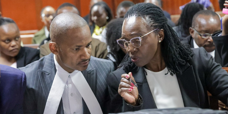 Embakasi East MP Babu Owino with Senior Counsel Martha Karua at the Milimani High Court during the hearing of blogger Ndiang'ui Kinyagia's case. PHOTO/Amar Kassim