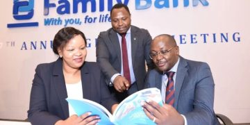 Family Bank Ceo Nancy Njau, Chief Financial Officer Stephen Ngugi &Amp; Pwc Senior Manager David Mugo (Centre) During The 17Th Annual General Meeting.