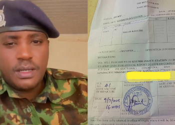A photo collage of Police Constable Hiram Kimathi and a transfer letter on July 10, 2025. PHOTO/ Hiram Kimathi.