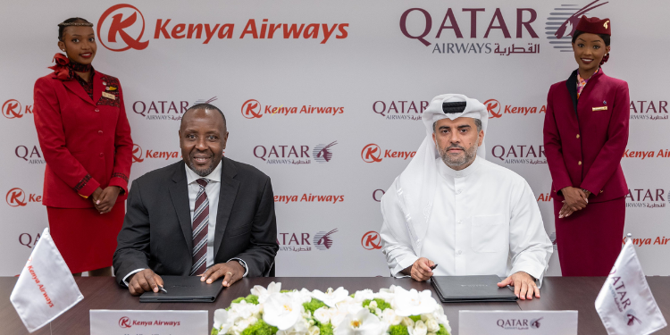 Qatar Airways Group Chief Executive Officer, Engr. Badr Mohammed Al-Meer, and Kenya Airways Group Managing Director and CEO, Allan Kilavuka signing the MoU on July 1, 2025. PHOTO/KQ.
