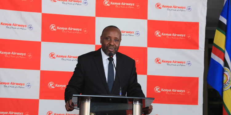 Kenya Airways Group Managing Director & CEO Allan Kilavuka speaking during the launch of direct flights to London Gatwick on June 2, 2025. PHOTO/KQ.