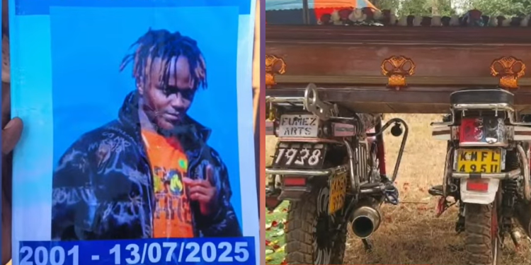 A Photo Collage Of Leonard Mutua Eulogy And The Casket Placed On Top Of Two Motorcycles. Photo/Citizen Tv Screengrab. Machakos