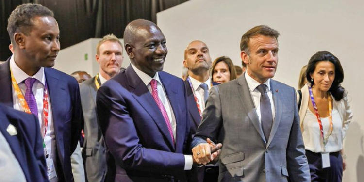 President William Ruto with President Emmanuel Macron during the 4P high-level meeting at the Fourth International Conference on Financing for Development in Seville, Spain. PHOTO/PCS