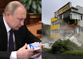 A Photo Collage Of Russian President Vladimir Putin And A Building Destroyed By An Earthquake. Photo/President Of Russia/Ugc.