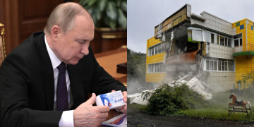 A Photo Collage Of Russian President Vladimir Putin And A Building Destroyed By An Earthquake. Photo/President Of Russia/Ugc.