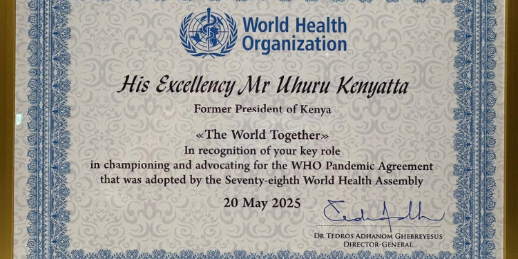 Who Awards Uhuru Kenyatta For Championing Pandemic Agreement Who Pandemic Agreement Certificate Awarded To Former President Uhuru Kenyatta. Photo/Pauline Njoroge X.