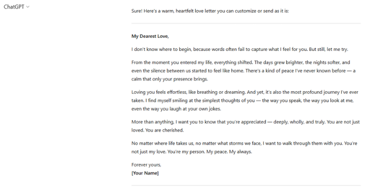 From Love Letters To Legal Loopholes, Kenya’s Chatgpt Obsession Just Got Dangerous A Sample Of A Love Letter Written By Chatgpt. Photo/Chatgpt.