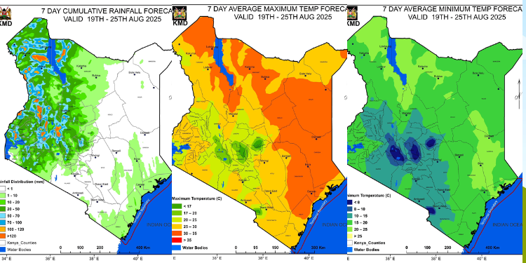 Kenya Met Lists Counties Set To Receive Rainfall Over The Next 7 Days A Photo Collage Showing The Rainfall Forecast And The Maximum And Minimum Temperature Forecasts For The Period Between April 22Nd And 28Th. Photo/Kenya Met. Weather