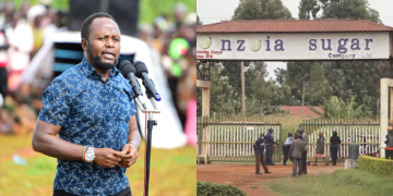 A Photo Collage Of Trana Nzoia Governor George Natembeya And Nzoia Sugar Company Gate. Photo/Natembeya X/Citizen Digital