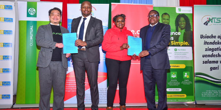 Kunihiko Kawano, Ceo &Amp; Founder Incourage Insurance Agency, Martin Karenju, Md, Old Mutual Life Assurance Kenya, Salli Nyawira Gm East Africa Rescue.co And Joseph Njuguna, Md Rafiki Microfinance Bank, During The Launch Of The Boda Boda Riders Super Cover. Photo/File.
