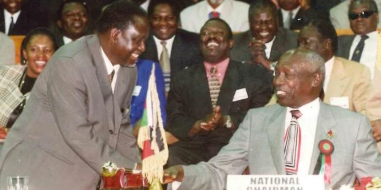 Raila Odinga Shakes Hands With President Moi After 1997 Elections