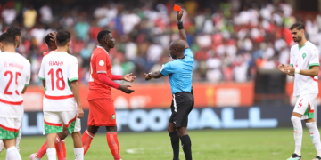 Referee Vincent Kabore Sent Off Crispine Erambo During Their Chan 2024 Match Against Morocco At Kasarani Stadium On August 10, 2025. Photo/Berur Fm.
