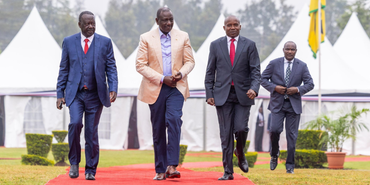 President William Ruto, Former Prime Minister Raila Odinga, Dp Kithure Kindiki And Treasury Cs John Mbadi Arriving At The Joint Odm–Kenya Kwanza Parliamentary Group Meeting, Nairobi County On August 18, 2025. Photo/Pcs.