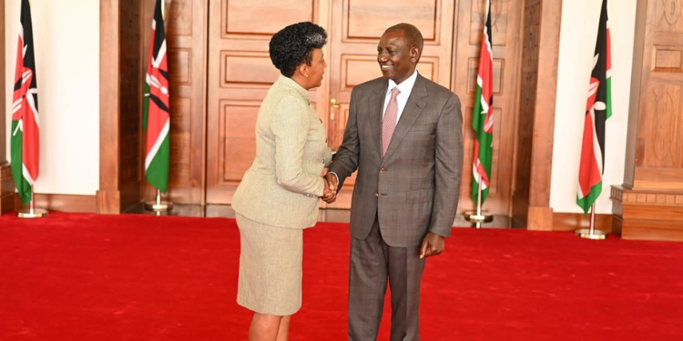 President William Ruto Shakes Hands With Uda Nominated Senator Tabitha Mutinda During His Meeting With Ukambani Leaders At State House, Nairobi On March 27, 2025. Photo/Mutinda X.