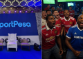 A Collage Of A Stage Prepared For Sportpesa'S Jackpot Winners, An Image Of Football Fans Cheering During A Football Match.