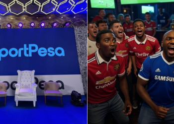 A Collage Of A Stage Prepared For Sportpesa'S Jackpot Winners, An Image Of Football Fans Cheering During A Football Match.