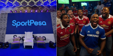 A Collage Of A Stage Prepared For Sportpesa'S Jackpot Winners, An Image Of Football Fans Cheering During A Football Match.