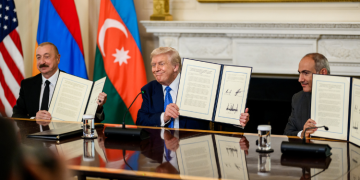 President Donald Trump (Center) With Armenian And Azerbaijan Leaders During The Signing Of A Peace Agreement On August 8, 2025.