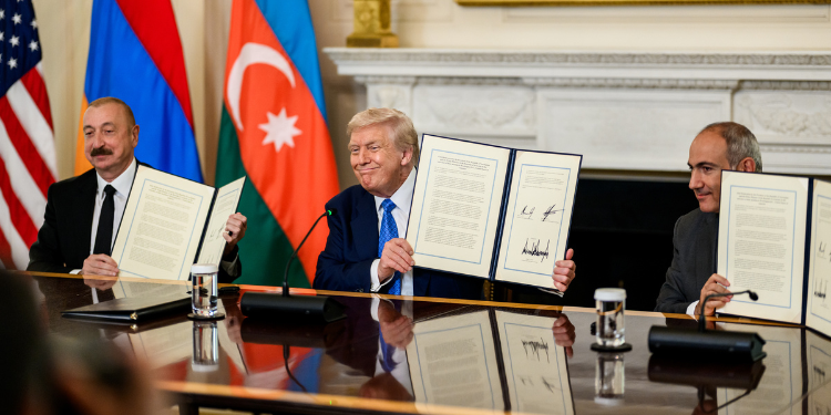 President Donald Trump (Center) With Armenian And Azerbaijan Leaders During The Signing Of A Peace Agreement On August 8, 2025.
