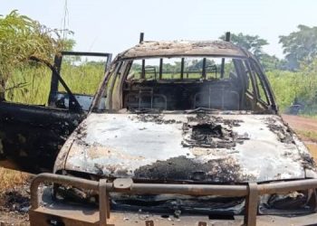 A Vehicle Set Ablaze By Assailants Following An Ambush In Morobo County, Central Equatoria State.