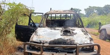 A Vehicle Set Ablaze By Assailants Following An Ambush In Morobo County, Central Equatoria State.