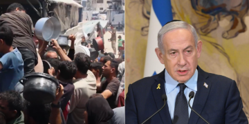 Residents Scrambling For Relief Food In Gaza (Left) And A Photo Of Israel Prime Minister Benjamin Netanyahu. Photos- Un/ Opmi