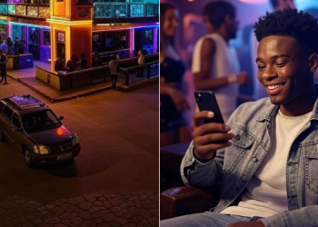 A Collage Showing A Nightclub Scene At Night And A Photo Of A Young Man Inside A Night Club.