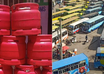A Collage Of Gas Cylinders At A Refilling Point (Left) And An Aerial View Of Public Transport Buses At The Machakos Countrybus In Nairrobi.