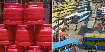 A Collage Of Gas Cylinders At A Refilling Point (Left) And An Aerial View Of Public Transport Buses At The Machakos Countrybus In Nairrobi.