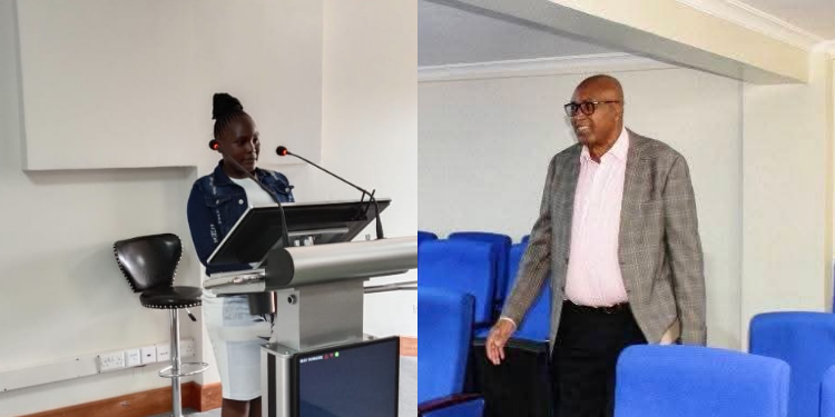 University Student Gifted Ksh100,000 For Naming New Auditorium A Photo Collage Of Mku Founder, Prof. Simon Gicharu And Hamia Adhiambo Ouma. Photo/Mku.