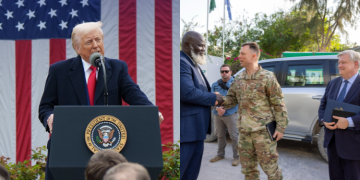 A Photo Collage Of Us President Donald Trump And Africom General Dagvin Anderson. Jubaland
