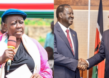A Photo Collage Of Kisumu Woman Representative Ruth Odinga And President William Ruto Shaking Hands With Former Prime Minister Raila Odinga Photo/Pcs/The Eyes Watch