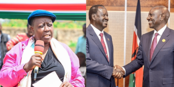 A Photo Collage Of Kisumu Woman Representative Ruth Odinga And President William Ruto Shaking Hands With Former Prime Minister Raila Odinga Photo/Pcs/The Eyes Watch