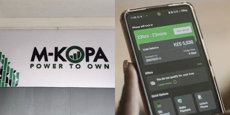 A Photo Collage Showing An M-Kopa Stall And A Customer Holding A Newly Purchased Phone. Photo | M-Kopa