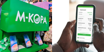 A Photo Collage Showing An M-Kopa Stall And A Customer Holding A Newly Purchased Phone. Photo | M-Kopa
