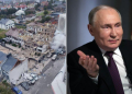 A Photo Of Russia President Putin (Right) And A Damaged Kyiv District Of Borshchagovka (Left).