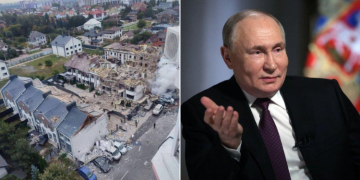 A Photo Of Russia President Putin (Right) And A Damaged Kyiv District Of Borshchagovka (Left).