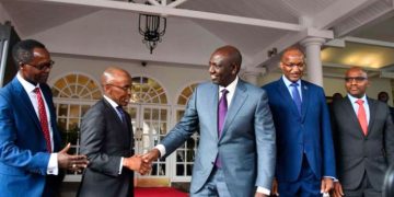 President William Ruto Shakes The Hand Of Safaricom Ceo Peter Ndegwa After Meeting With The Telco And Banks Executives.