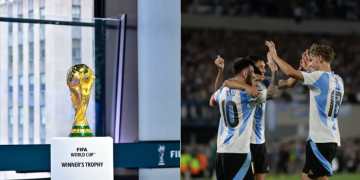 A View Of The Fifa World Cup Winner’s Trophy And Argentina Players Led By Lionel Messi. Photo/Fifa