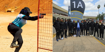 Marks Lady Agnes Wangechi In Action At A Recent Tournament And The Kenyan Team At Jkia. Photo/ Ipsc Kenya