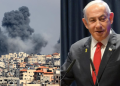 Israel Prime Minister Benjamin Netanyahu And And Israel Booming Gaza. Photo/Los Angeles Times . Netanyahu