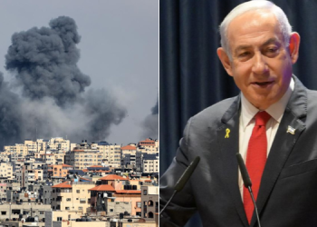Israel Prime Minister Benjamin Netanyahu And And Israel Booming Gaza. Photo/Los Angeles Times . Netanyahu