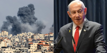 Israel Prime Minister Benjamin Netanyahu And And Israel Booming Gaza. Photo/Los Angeles Times . Netanyahu
