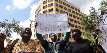Moi University Sacco Members Demonstrate Outside Their Building (Musco Towers), Which Is In Eldoret Town, Uasin Gishu County Over Alleged Attempts By A Liquidator To Sell It On June 06, 2019. Photo | Jared Nyataya | Nmg