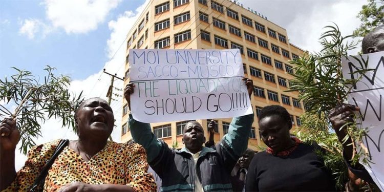 Moi University Sacco Members Demonstrate Outside Their Building (Musco Towers), Which Is In Eldoret Town, Uasin Gishu County Over Alleged Attempts By A Liquidator To Sell It On June 06, 2019. Photo | Jared Nyataya | Nmg