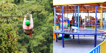 Photo Collage Featuring An Adventurous Individual Zip-Lining And Children Enjoying A Colorful Bouncing Castle. Photo/Expert Safaris/Gmc