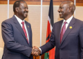 President William Ruto Shaking Hands With The Former Prime Minister Raila Odinga Photo/Pcs