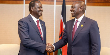 President William Ruto Shaking Hands With The Former Prime Minister Raila Odinga Photo/Pcs